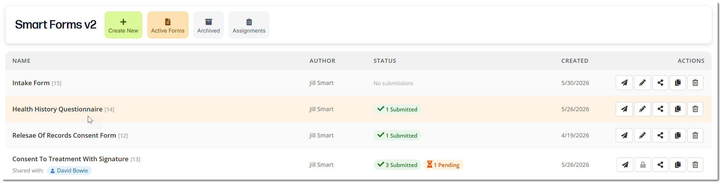 The Forms List page of SmartForms V2 showing a list of forms and the top toolbar.